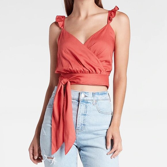 Express Baked Apple Wrap Front Ruffle Strap Tie Front Cami SZ L - Picture 6 of 9